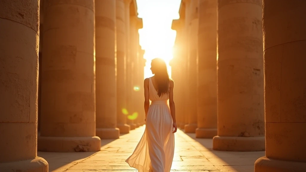 Elegante Frau vor Luxor-Tempel bei Sonnenuntergang in fliessendem Leinenkleid