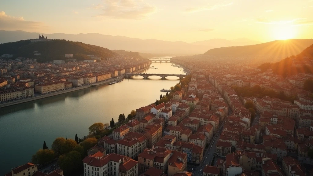 Luftaufnahme von Lyon zur goldenen Stunde mit Flusskonfluenz und historischen Daechern