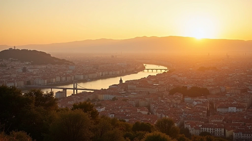 Panoramablick von Fourvière Huegel in Lyon zur goldenen Stunde