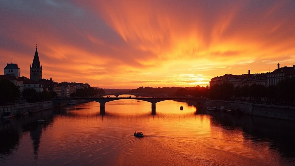 Sonnenuntergang am Rhone in Lyon mit Silhouette des Musée des Confluences