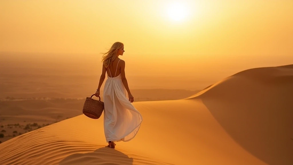 Elegante Reisende auf Sandduenenkamm bei Sonnenuntergang in M'Hamid, Marokko