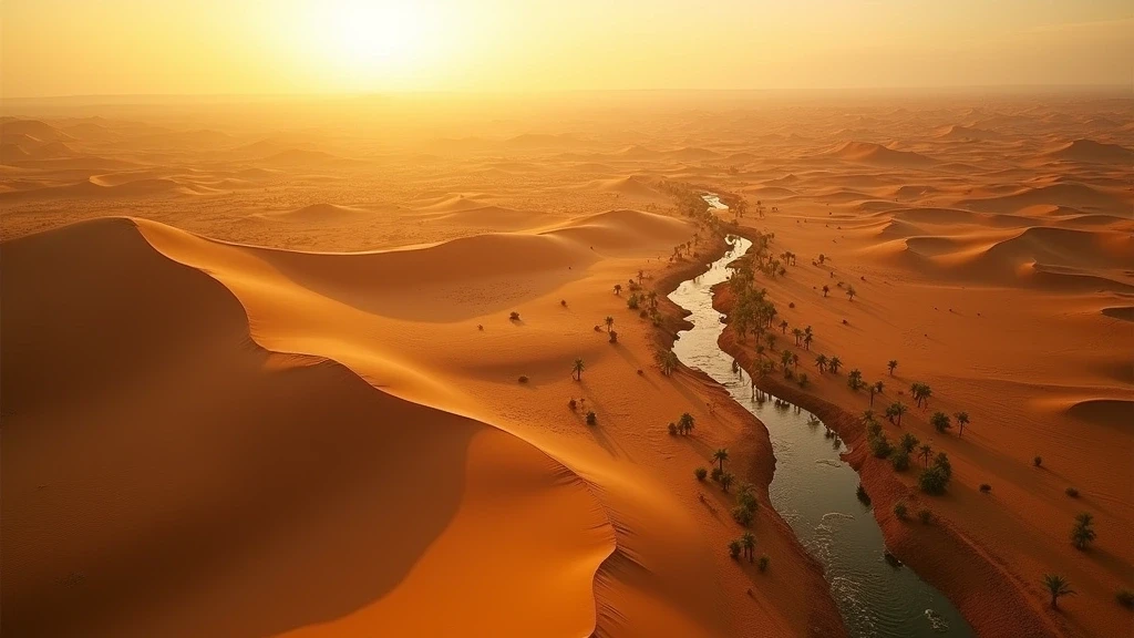 Luftaufnahme der goldenen Sandduenen der Sahara in M'Hamid zur goldenen Stunde mit Oasen