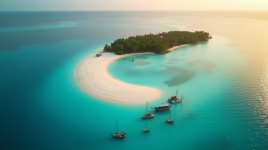 Luftaufnahme des hufeisenförmigen Atolls von Maafushi, Malediven, zur goldenen Stunde