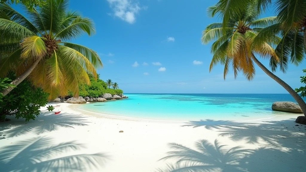 Panoramablick auf den Bikini Beach von Maafushi, Malediven, mit tuerkisfarbenem Wasser