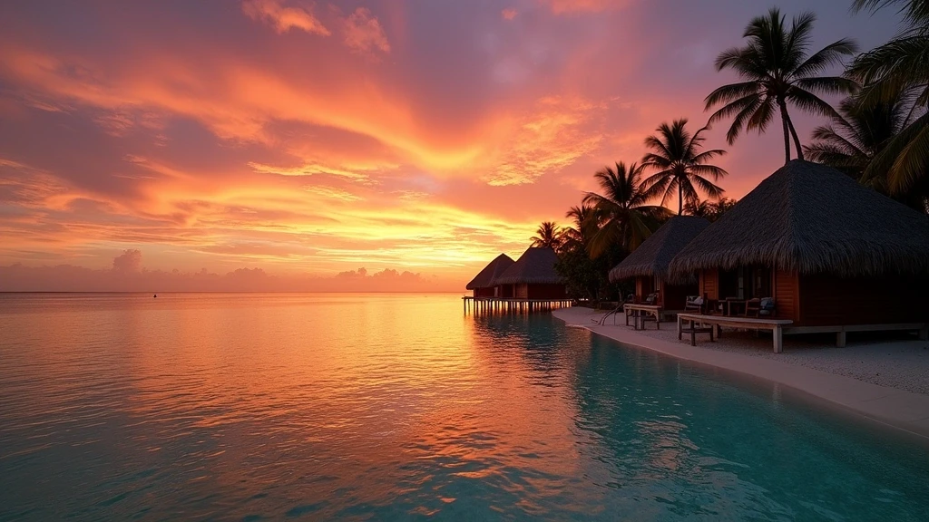 Sonnenuntergang ueber der Lagune von Maafushi, Malediven, mit dramatischem Himmel