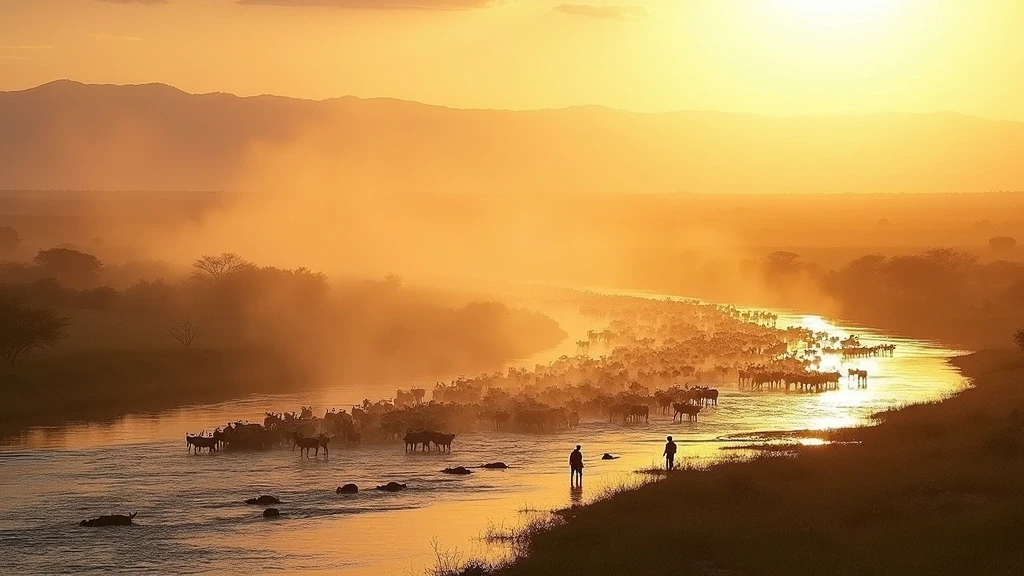 Panorama der Grossen Wanderung am Mara Fluss im Maasai Mara mit Gnu-Herden