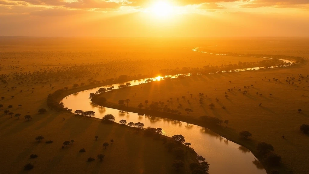 Luftaufnahme der goldenen Savanne im Maasai Mara mit Akazienbaeumen und Wildtierherden zur goldenen Stunde