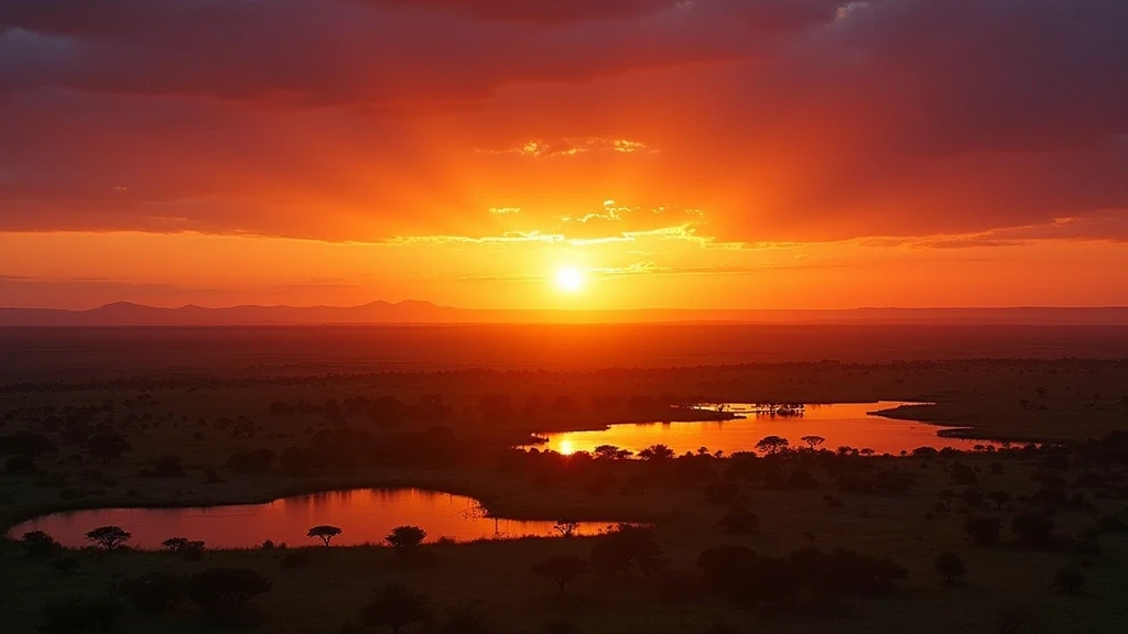 Dramatischer Sonnenuntergang ueber der Savanne im Maasai Mara mit Akazien-Silhouetten