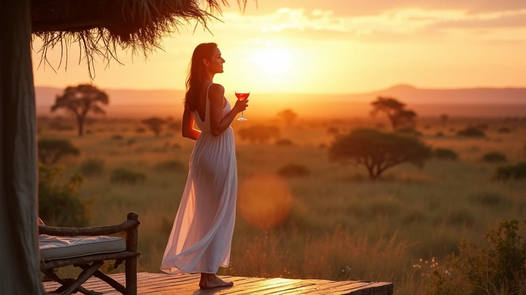 Elegante Reisende geniesst Sundowner mit Savannen-Blick im Maasai Mara