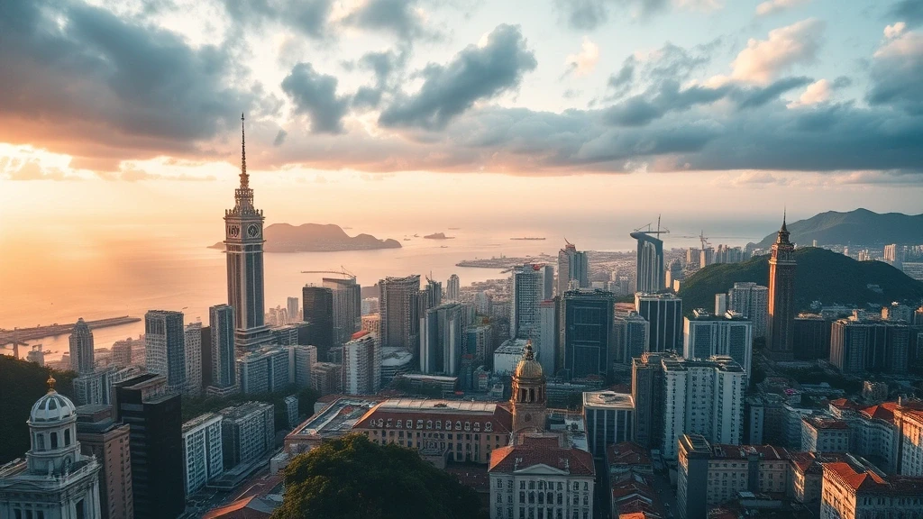 Luftaufnahme von Macau, China mit Macau Tower und historischer Architektur zur goldenen Stunde
