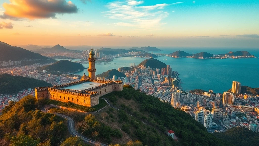 Panoramablick von Guia Hill auf Macau mit historischer Festung zur Abenddaemmerung