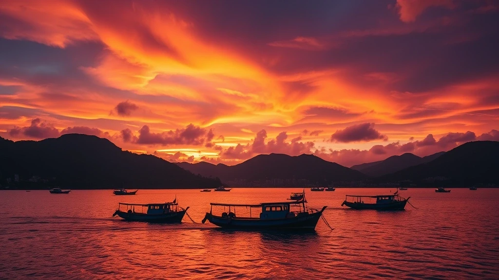 Sonnenuntergang ueber dem Suedchinesischen Meer in Macau mit Fischerboot-Silhouetten