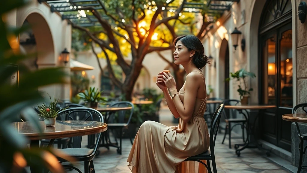 Elegante Frau geniesst portugiesische Eierkuchen in Taipa Village, Macau zur goldenen Stunde
