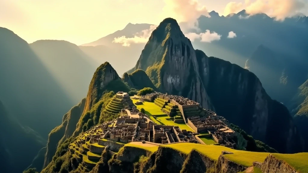 Luftaufnahme der Inkastadt Machu Picchu in den Anden zur goldenen Stunde