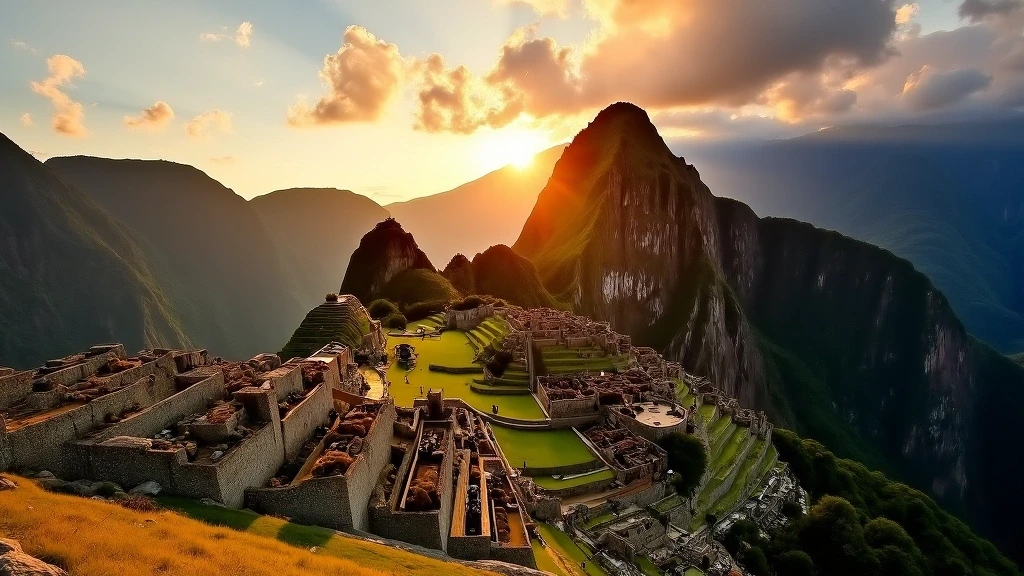 Panoramablick auf Machu Picchu zur goldenen Stunde mit dramatischen Wolkenformationen