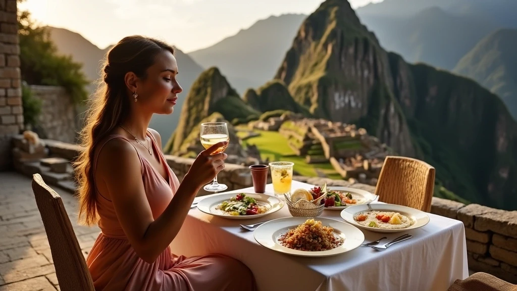 Elegante Frau geniesst peruanische Kueche auf Terrasse mit Blick auf Machu Picchu