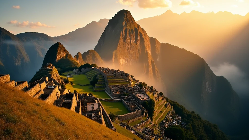 Sonnenaufgang über den Inka-Terrassen von Machu Picchu mit Huayna Picchu im Hintergrund