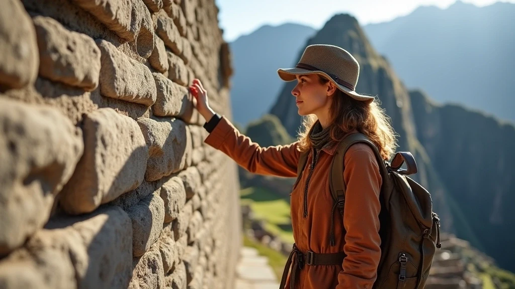 Reisende beruehrt antike Steinmauer des Sonnentempels in Machu Picchu