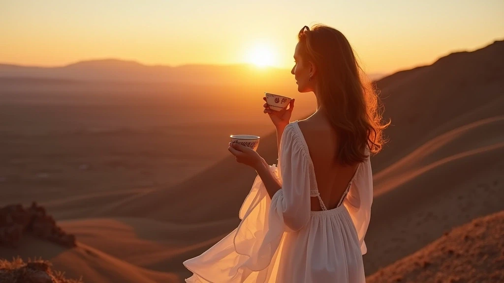 Elegante Frau in fliessendem Kleid geniesst Sonnenuntergang in Machuca, Chile mit traditionellem Tee