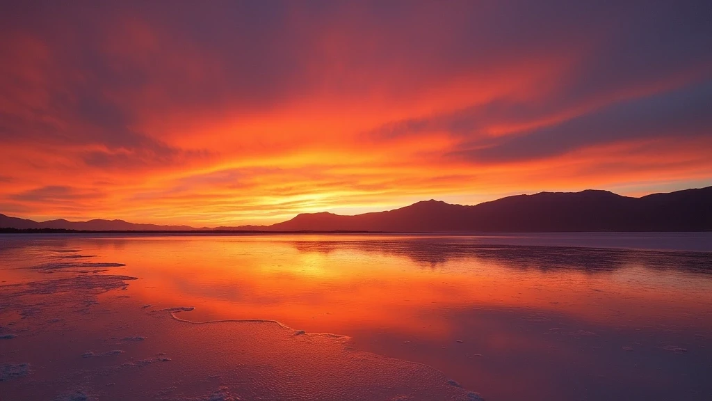 Panoramablick auf Salzwüste bei Machuca, Chile mit spektakulärem Sonnenuntergang und Bergsilhouetten