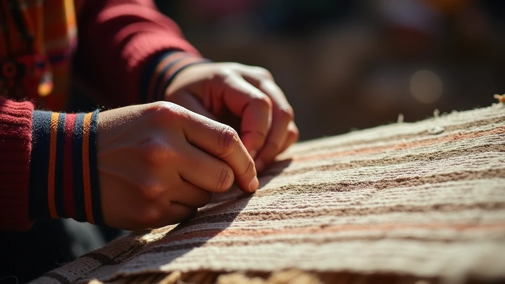 Handwerker bei traditioneller Textilherstellung in Machuca, Chile mit detaillierten Mustern