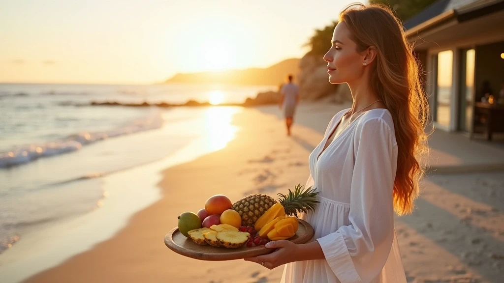 Elegante Frau geniesst Fruehstueck auf Luxus-Villa Terrasse in Mackay bei Sonnenaufgang