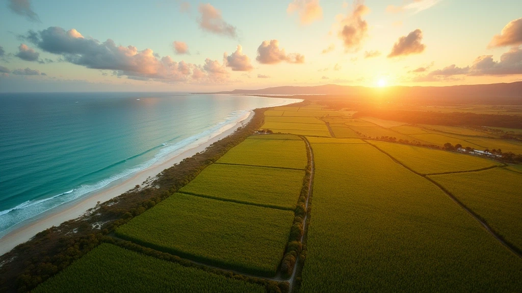 Luftaufnahme der Pioneer Valley Zuckerrohrfelder und Coral Sea Kueste in Mackay zur goldenen Stunde