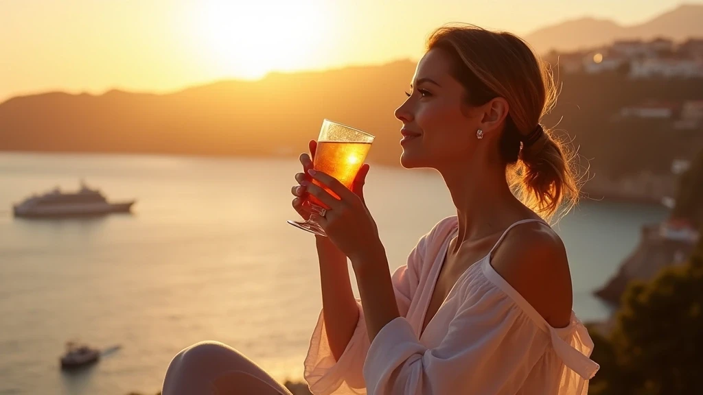 Elegante Frau geniesst Poncha-Cocktail auf Klippenterrasse mit Blick auf Funchal-Hafen in Madeira