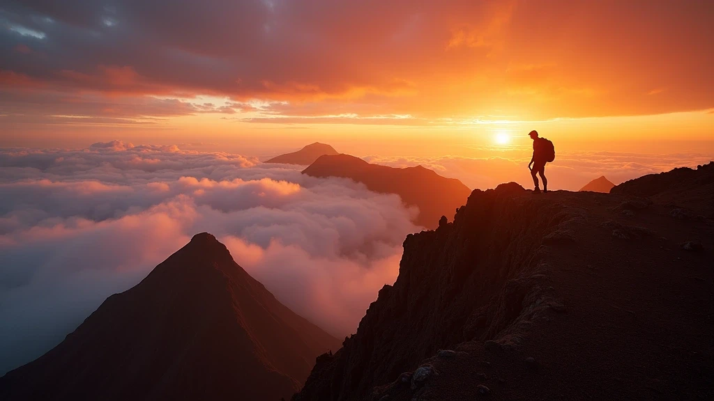 Sonnenuntergang ueber Pico do Arieiro mit Wolkeninversionen und Wanderer-Silhouette in Madeira