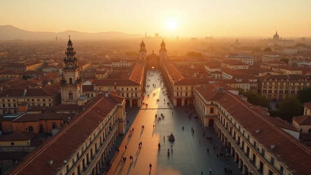 Luftaufnahme der Plaza Mayor in Madrid-Salamanca zur goldenen Stunde mit barocker Architektur