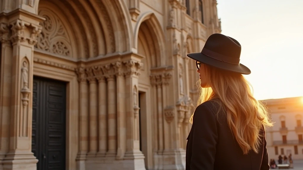 Reisende bewundert Fassade der Salamanca Kathedrale in Madrid-Salamanca bei Sonnenuntergang