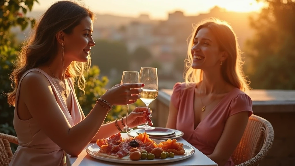 Elegante Frau geniesst Tapas auf Terrasse in Madrid-Salamanca zur goldenen Stunde