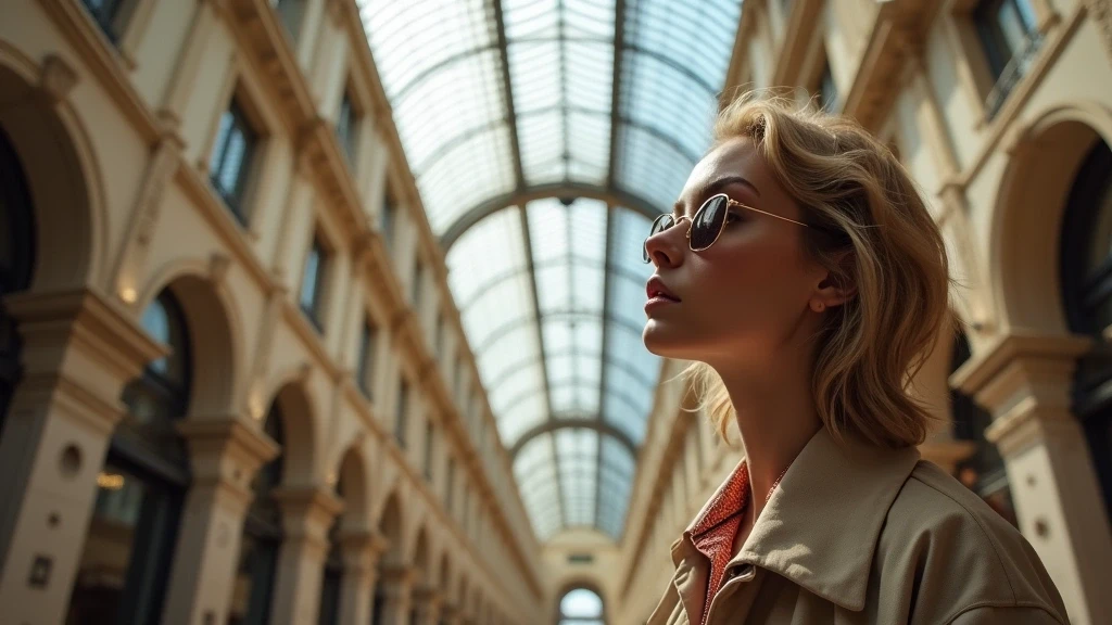 Stylische Reisende bewundert die Galleria Vittorio Emanuele II in Mailand, Italien