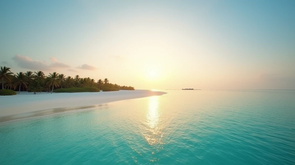 Panoramablick auf die Maldives Private Island zur goldenen Stunde mit weissem Sandstrand und tuerkisfarbenem Meer