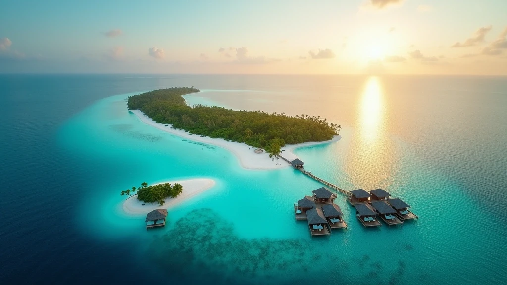 Luftaufnahme der Maldives Private Island mit tuerkisfarbenen Lagunen und Luxus-Wasserbungalows zur goldenen Stunde