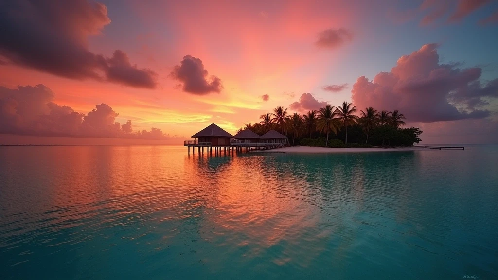 Dramatischer Sonnenuntergang ueber der Maldives Private Island mit Spiegelungen im tuerkisfarbenen Wasser
