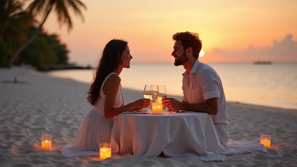 Elegantes Stranddinner auf der Maldives Private Island mit attraktiver Frau in weissem Kleid bei Sonnenuntergang