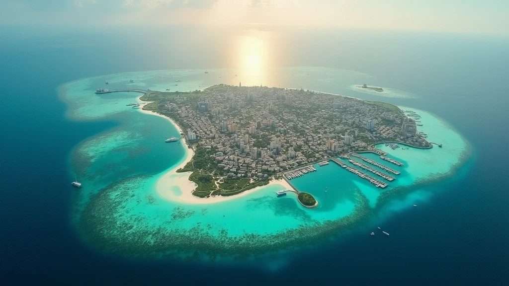 Luftaufnahme der Inselhauptstadt Malé, Malediven, umgeben von türkisfarbener Lagune zur goldenen Stunde