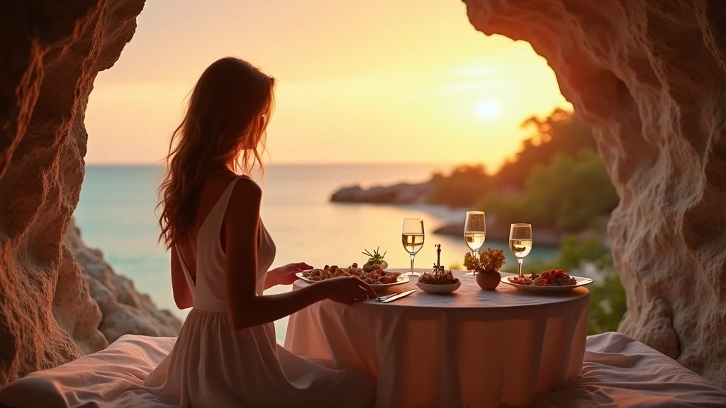 Elegantes Abendessen auf einer Höhlenterrasse in den Malediven Atoll-Höhlen bei Sonnenuntergang