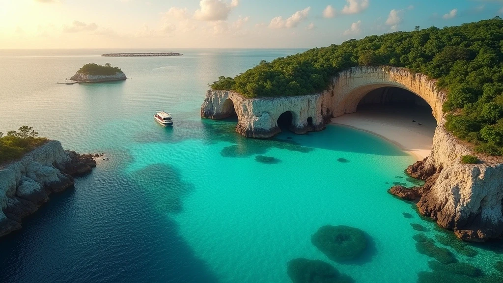 Luftaufnahme der Malediven Atoll-Höhlen zur goldenen Stunde mit Kalksteinformationen und Luxus-Bungalows