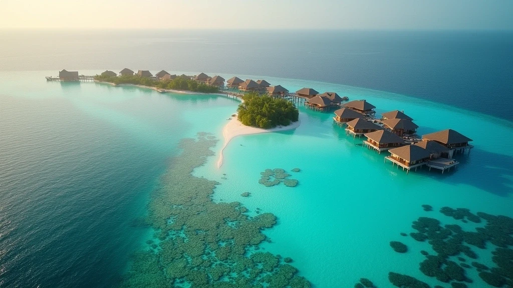 Luftaufnahme der Malediven mit tuerkisen Lagunen und Luxus-Wasserbungalows zur goldenen Stunde