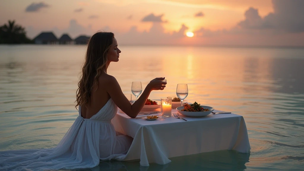 Private Strand-Dinner auf den Malediven mit elegante Frau und Gourmet-Kueche