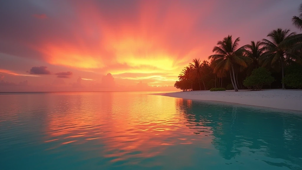 Sonnenuntergang ueber den Malediven mit tuerkisem Wasser und Palmen-Silhouetten