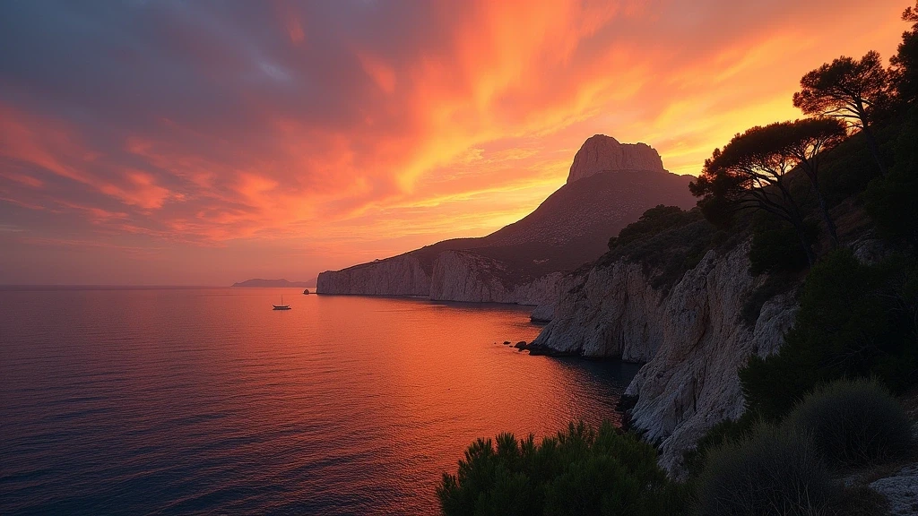 Sonnenuntergang ueber der zerkluefteten Kueste der Serra de Tramuntana in Mallorca