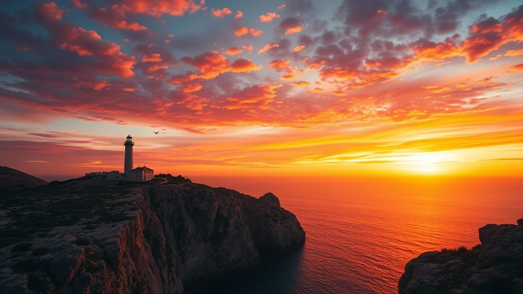 Sonnenuntergang am Cap de Formentor mit Leuchtturm in Mallorca, dramatischer Himmel