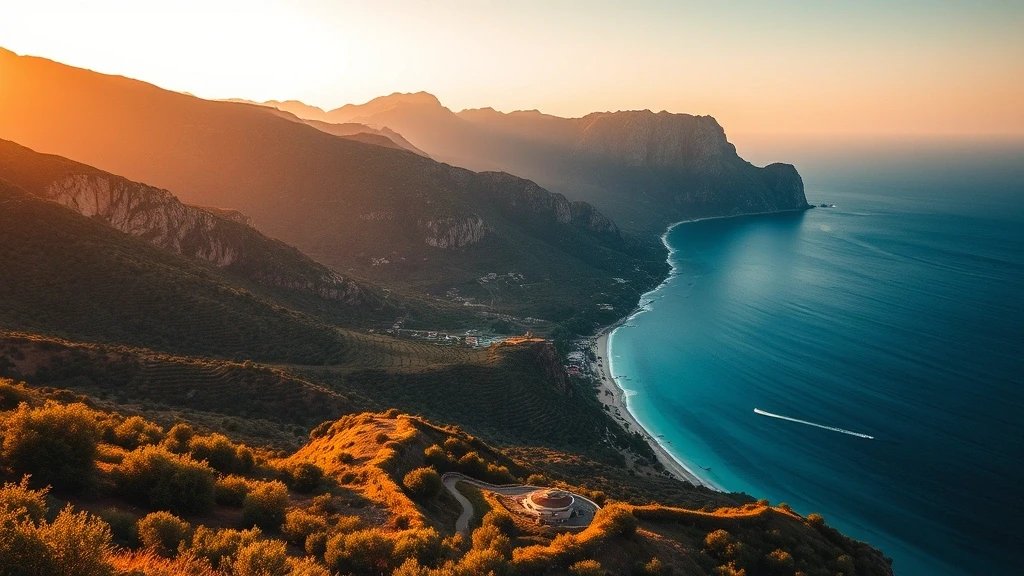 Luftaufnahme der Serra de Tramuntana Berge und Kueste in Mallorca zur goldenen Stunde