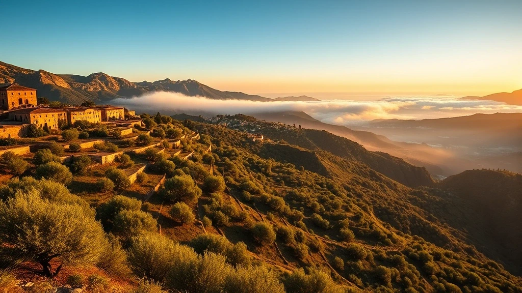 Goldene Stunde in den Tramuntana Bergen mit alten Steinterrassen und Olivenbaeumen