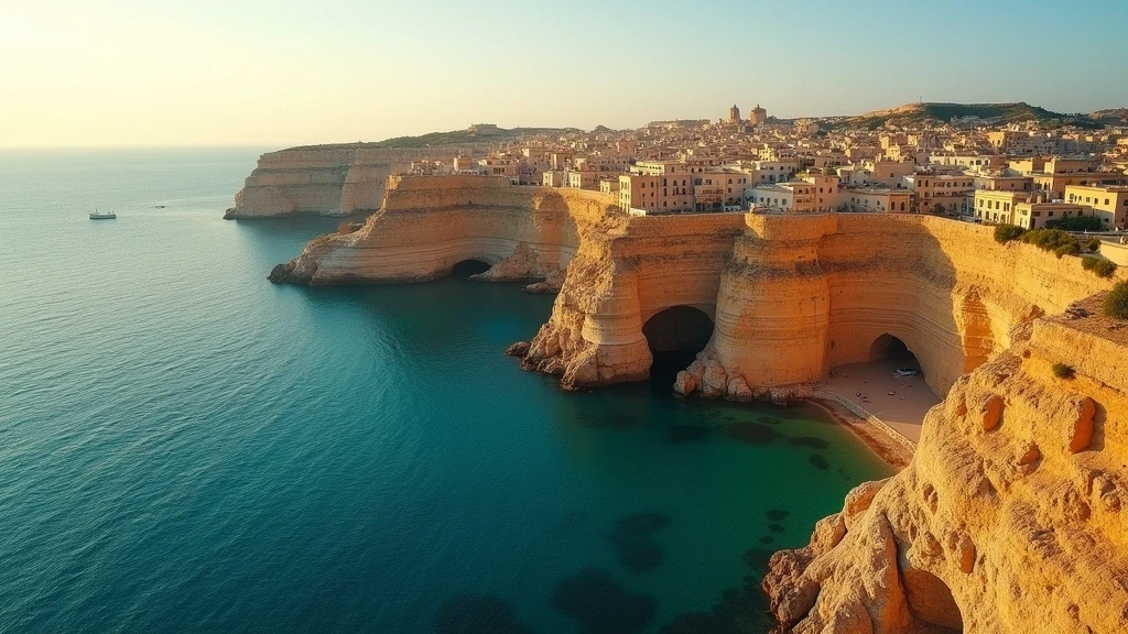 Dramatische Luftaufnahme der Kalksteinfelsen und historischen Festungen von Malta zur goldenen Stunde