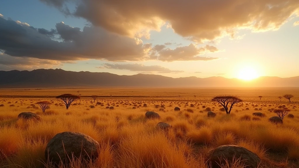 Panoramablick auf die Akazien-Savanne von Maltahöhe, Namibia zur goldenen Stunde