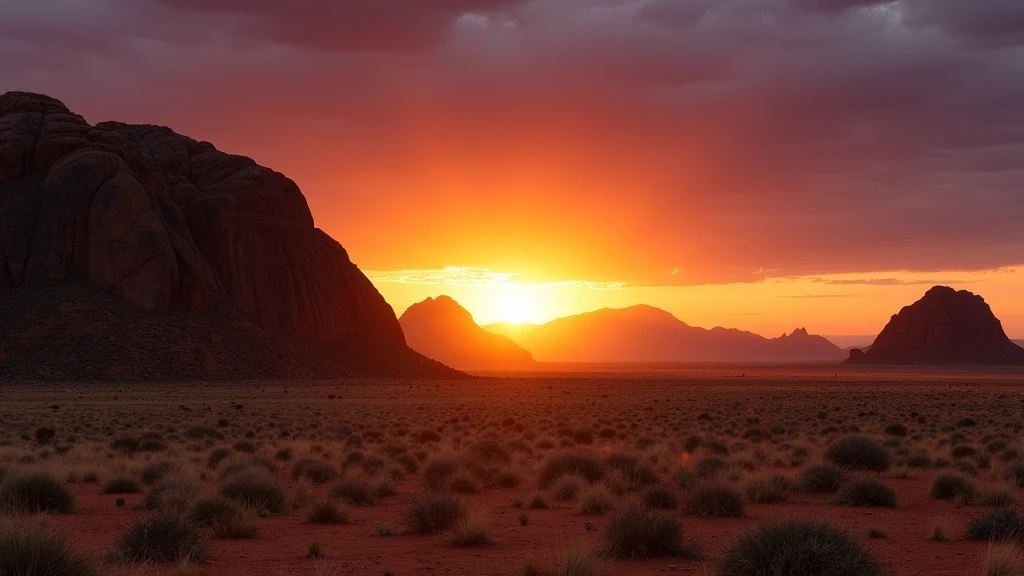 Sonnenuntergang ueber Granit-Inselbergen in der Savanne von Maltahöhe, Namibia